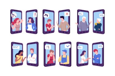 Uzmanlar çevrimiçi insanlara danışıyor. Akıllı telefonlar aracılığıyla sohbet eden müşteriler beyaz üzerinde izole edilmiş vektör çizimi