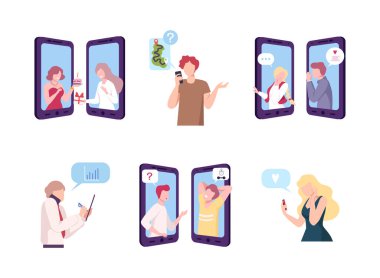 Online danışmanlık. Uzmanlar insanlara danışmanlık yapıyor. Akıllı telefonlar aracılığıyla sohbet eden müşteriler beyaz üzerinde izole edilmiş vektör çizimi