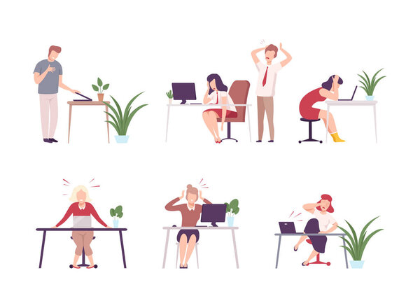 Stressed overworked business people working at computers set. Busy office workers characters flat vector illustration isolated on white
