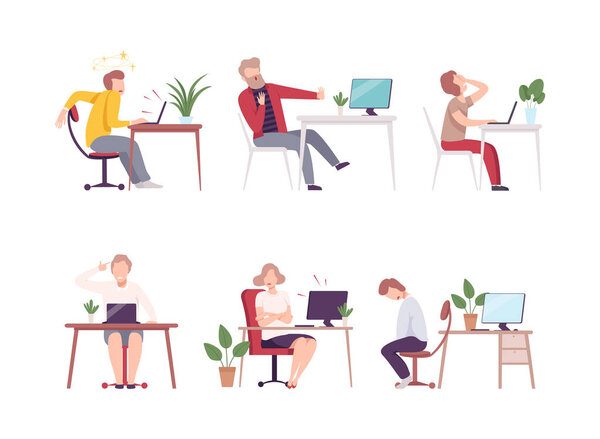 Tired overworked business people working in office set. Busy overloaded office workers characters flat vector illustration isolated on white