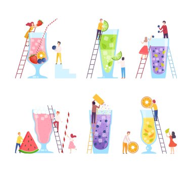 Alkolsüz kokteyl hazırlayan küçük insanlar. Erkek ve kadın karakterler çilek, kireç, karpuz, yaban mersini, portakaldan büyük cam çizimlere beyaz üzerine izole edilmiş düz çizimler koyuyorlar.