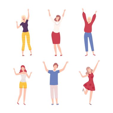 Neşeli insanlar başarı setini kutluyor. Elleri havada duran erkek ve kadın karakterler, beyaz üzerinde izole edilmiş düz vektör çizimini kaldırdılar.