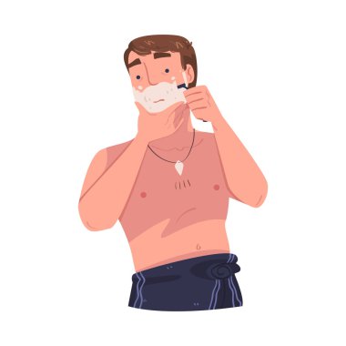 Man Character In Bathroom Doing Hygiene Procedure Shaving with Razor Vector Illustration. Young Male Engaged in Daily Grooming and Personal Body Care Concept