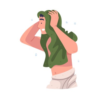 Tuvalette Erkek Karakteri Hijyen Prosedürü uyguluyor Islak Saçları Havluyla Kurutuyor Günlük Bakım ve Kişisel Bakım Konseptine Bağlı Genç Erkek