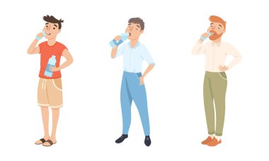 Young Man Standing and Drinking Pure Still Water from Plastic Bottle Quenching Thirst Vector Set. Male Enjoying Cool Refreshing Beverage in Hot Summer Weather Concept clipart