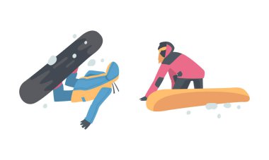 Erkek ve Kadın Snowboard Kış Giysileri Vector Set. Erkek ve Kadın İniş Yapan Karla kaplı Kayak Tahtasında Duran Dağ Sporu Etkinliği Konseptine Bağlandı