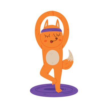 Funny Fox Animal on Yoga Mat Practicing Asana and Stretching Vector Illustration. Cute Mammal Engaged in Physical Exercise Standing in Posture Concept clipart