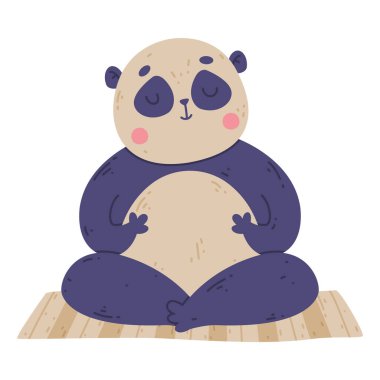 Komik Panda Hayvanı Yoga Matta Uygulaması Asana ve Solunum Vektörü İllüstrasyonu. Fiziksel Egzersiz Yapan Sevimli Memeliler Duruş Konsepti Duruşu