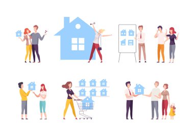 Yeni ev seti alan ya da kiralayan insanlar. Yeni ev düz vektör illüstrasyonunu seçen aileler beyazda izole edildi