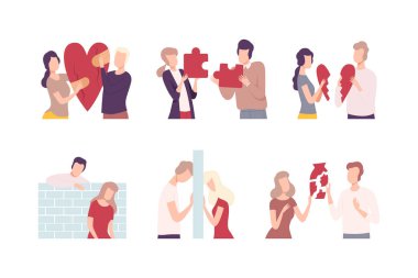 Kırık kalbi onarmaya çalışan bir çift. Erkek ve kadın karakterler, aşklarını geri vermek için sorunları çözüyorlar. Düz vektör çizimleri beyazda izole edilmiş.