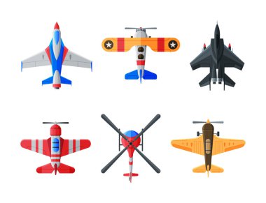 Uçak setinin en üst görüntüsü. Çeşitli sivil ve askeri uçaklar karikatür vektör çizimleri beyaza izole edildi