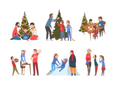 Bir grup mutlu aile Noel 'i kutluyor. Ebeveynler ve çocuklar köknar ağacı süslüyorlar, lezzetli yemekler pişiriyorlar ve beyaz üzerine izole edilmiş çizgi film çizimleri yapıyorlar.
