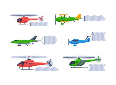 Boş reklam pankartlarıyla uçan uçaklar ayarlandı. Uçaklar ve helikopterler tarafından çekilen boş yatay afiş beyaz üzerine izole edilmiş çizgi film vektör illüstrasyonu