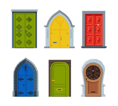 Ahşap antik ve klasik kapalı ön kapı seti. Dairelere, evlere ve binalara girilen girdiler beyaz üzerine çizgi film vektör illüstrasyonunu belirledi