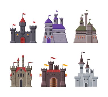 Ortaçağ kaleleri kuruldu. Peri masalı sarayı, malikane, taş kale, güçlendirilmiş saray beyaz üzerinde karikatür vektör çizimi olan