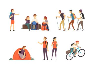 Turistler tatilde. Erkek ve dişi gezginler yürüyüş yapıyor ve kamp yapıyor. Sezonluk eğlence, macera yolculuğu konsepti, beyaz üzerinde izole edilmiş vektör çizimi