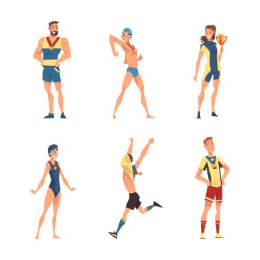 Ödül kupaları ve madalyaları olan bir grup erkek ve bayan sporcu. Spor müsabakasını kazananlar çizgi film vektör illüstrasyonunu beyaza izole ettiler