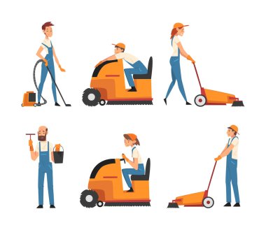 Temizlik şirketi personeli. Temizlik ekipmanları ile profesyonel temizlik servisi çalışanları beyaz üzerine izole edilmiş vektör çizimi