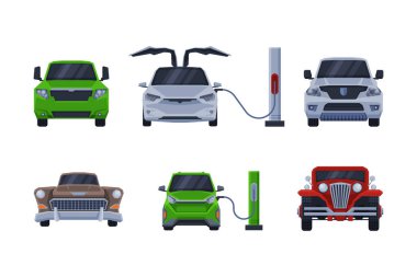 Şehir trafiği araçları ayarlandı. Modern ve eski arabaların ön görünümü düz vektör çizimi beyaz üzerine izole edildi