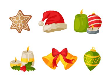 Noel ve Yeni Yıl sembolleri. Bauble, Noel Baba şapkası, mum, çan, zencefilli kurabiye kurabiye karikatür çizimi beyaza izole edilmiş.