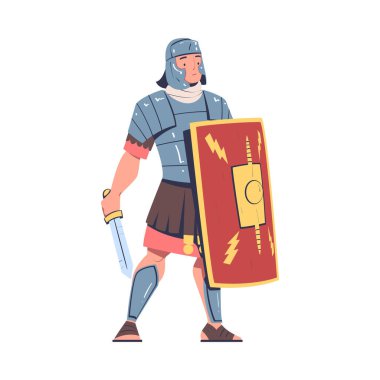 Antik İnsan Gladyatörü, Romalı Kalkan ve Kılıç Vektörü İllüstrasyonlu Karakter. Erkek Roma Lejyoneri veya Savaşçı