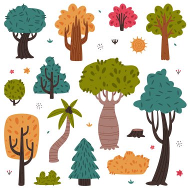 Ağaçlar ve çalılar açık hava manzarası elementi ve yeşillik vektörü kümesi olarak. Çevre Ormanı Büyümesi