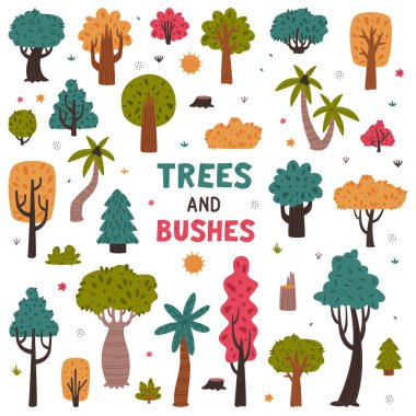 Ağaçlar ve çalılar açık hava manzarası elementi ve yeşillik vektörü kümesi olarak. Çevre Ormanı Büyümesi