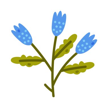 Mavi Çiçek Tomurcukları ve Yaprakları Şirin Yapraklar Vektör İllüstrasyonlu Çiçek Dalı. Botanik ve Çiçeksel Element