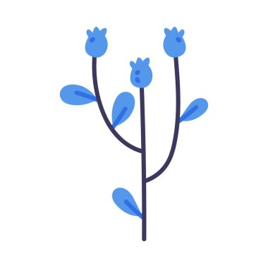 Mavi Floret 'li Çiçek Dalı ve Şirin Yapraklar Vektör İllüstrasyonu. Botanik ve Çiçeksel Element