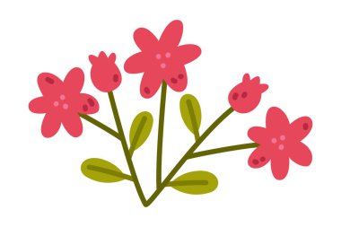 Kırmızı Çiçekli Dal Bud ve Yapraklar Şirin Yapraklar Vektör İllüzyonu. Botanik ve Çiçeksel Element