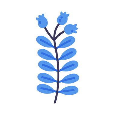 Mavi Çiçekli Çiçek Dalı ve Şirin Yapraklar Vektör İllüzyonu. Botanik ve Çiçeksel Element