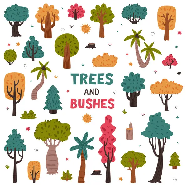 Ağaçlar ve çalılar açık hava manzarası elementi ve yeşillik vektörü kümesi olarak. Çevre Ormanı Büyümesi