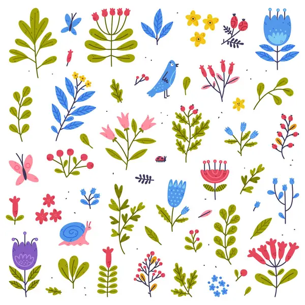 Çiçekli Dallar ve Yeşil Yaprak Şirin Yaprak Vektör Kümesi. Botanik ve Çiçeksel Element