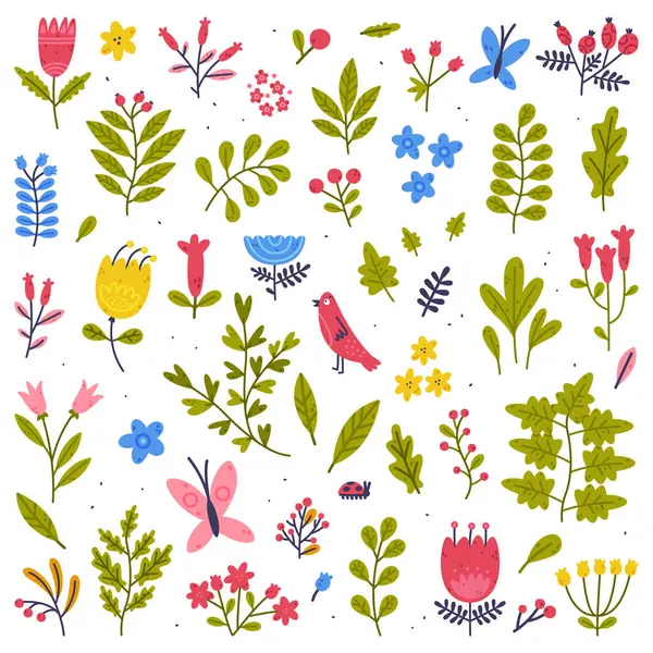 Çiçekli Dallar ve Yeşil Yaprak Şirin Yaprak Vektör Kümesi. Botanik ve Çiçeksel Element