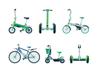 Çevre dostu alternatif araçlar ayarlandı. Modern elektrik şehir taşımacılığı, kentsel tekerlekler karikatür vektör çizimi beyaz üzerine izole