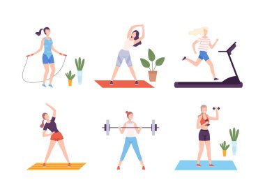 Spor seti yapan genç kadınlar. Atletik kadınlar ip atlayarak atlıyorlar, koşu bandında koşuyorlar, halter düz vektör illüstrasyonunu kaldırıyorlar.