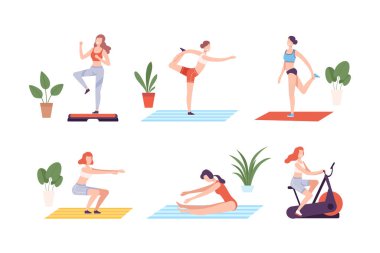 Spor seti yapan genç kadınlar. Spor yapan atletik kadınlar, beyaza izole edilmiş düz vektör çizimi yapıyorlar.