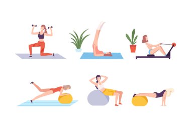 Spor seti yapan genç kadınlar. Dambıllarla egzersiz yapan atletik kadınlar ve beyaz üzerinde izole edilmiş düz vektör çizimleri.