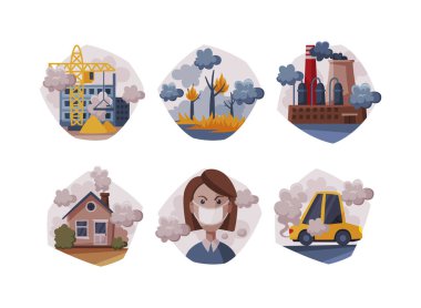 Hava kirliliği kaynakları ayarlandı. Endüstriyel açık hava sisi, orman yangınları, çevresel kirlilik karikatür çizimi beyaza izole edilmiş.