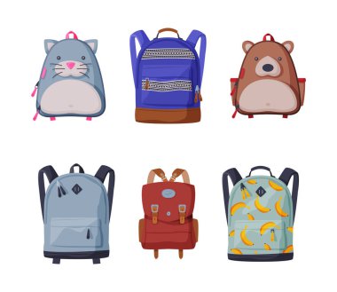 Çocukça okul çantaları ve okul çantaları beyaz üzerinde izole edilmiş vektör çizimleri.