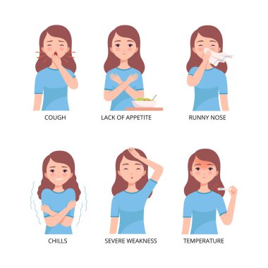 Soğuk algınlığı ve grip belirtileri. Öksürük çeken çocuk, iştahsızlık, akıntı, burun, titreme, şiddetli zayıflık, beyaz üzerine izole edilmiş sıcaklık çizgi filmi çizimi.