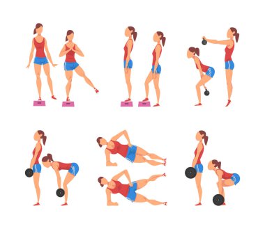 Spor salonunda egzersiz yapan atletik erkek ve kadın. Erkek ve kadın sporcu karakterler beyaz üzerinde izole edilmiş vektör çizimi yapıyorlar.