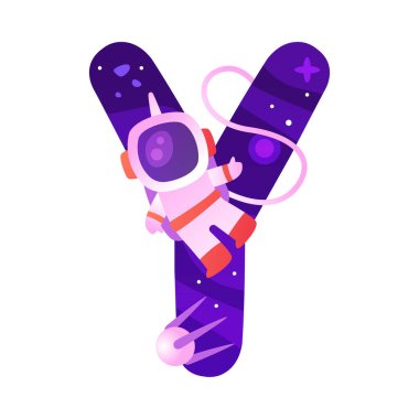 Yazı Tipi ve Astronot Vektör İllüstrasyonlu Alfabe Büyük Başkenti figürü olarak Y harfi. Galaksi ve Evren Tipografik Karakteri
