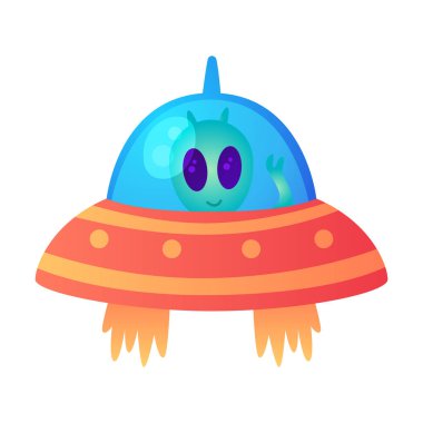 Ufo Uzaylı Uzay Gemisi ve Uzay Mekiği Vektör Çizimi. Kozmik Mekikte Uçan Fantastik Tuhaf Yaratık