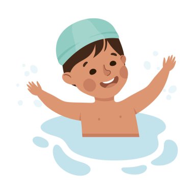 Yüzme havuzunda yüzen mutlu çocuk su vektörü illüstrasyonunda şapka takıyor. Sınıfta Gülümseyen Çocuk Karakteri Eğitimi