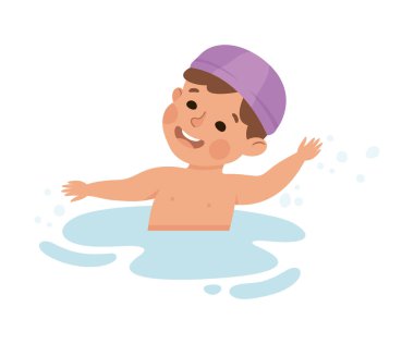 Yüzme havuzunda yüzen mutlu çocuk su vektörü illüstrasyonunda şapka takıyor. Sınıfta Gülümseyen Çocuk Karakteri Eğitimi