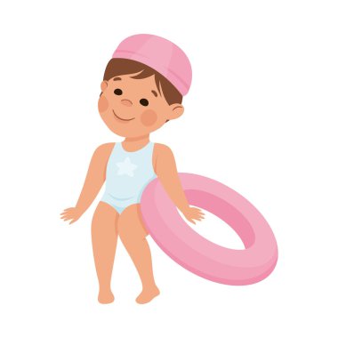 Yüzme Havuzu 'nda Yüzen Kız Lastik Yüzük Vektörü İllüstrasyonlu Şapka Giyiyor. Sınıfta Gülümseyen Çocuk Karakteri Eğitimi