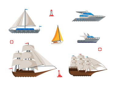 Ship and Motor Boat with Mast and Sails Vector Set. Sea and Marine Vessel as Seafaring Concept clipart