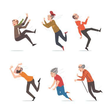 Kaygan Yol, Beceriksizlik ya da Sağlık Problemi Vektör Kümesi nedeniyle Yaşlı Erkek ve Kadın Karakteri Yere Düştü. Beyaz Arkaplanda Tökezleyen Yaşlılar