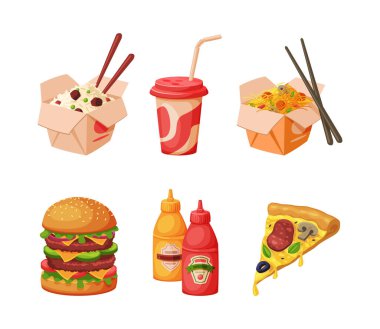 Fast Food Meal and Dinner with Chinese Noodle in Box, Soda, Hamburger and Pizza Vector Set. Atıştırmalık ve iştah açıcı beslenme kavramı